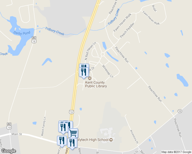 map of restaurants, bars, coffee shops, grocery stores, and more near 21 Starfire Court in Dover