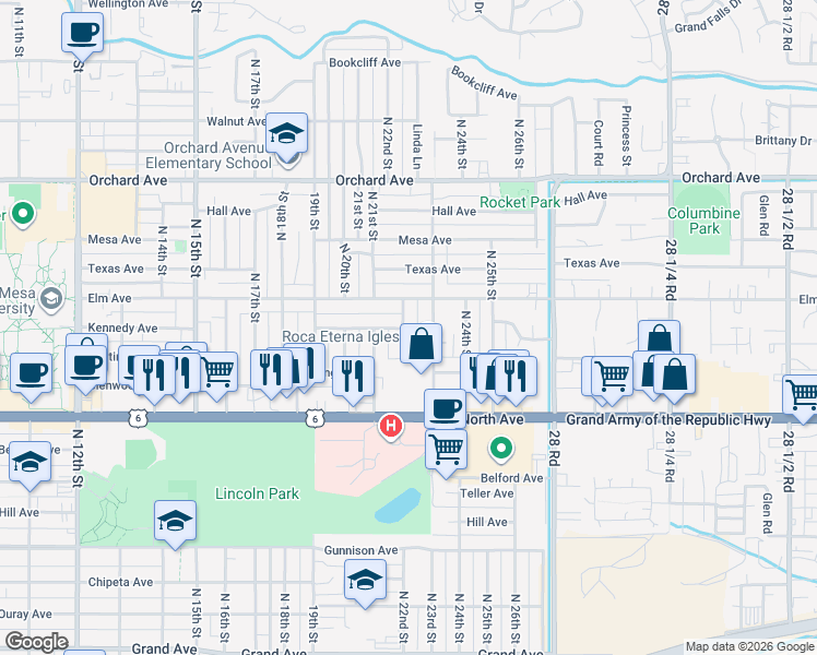 map of restaurants, bars, coffee shops, grocery stores, and more near 1343 North 22nd Street in Grand Junction