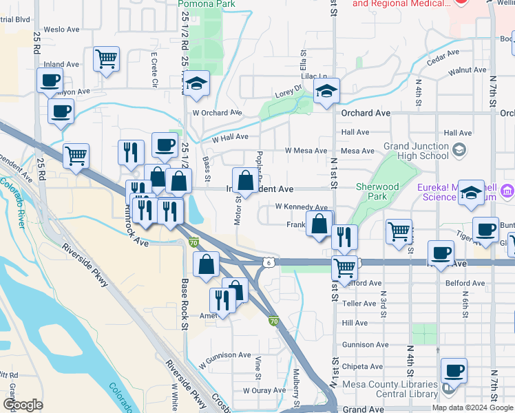 map of restaurants, bars, coffee shops, grocery stores, and more near 1360 Motor Street in Grand Junction
