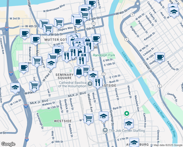 map of restaurants, bars, coffee shops, grocery stores, and more near 1030 Madison Avenue in Covington