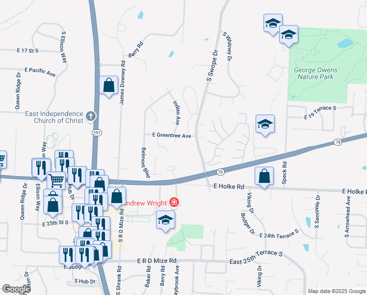 map of restaurants, bars, coffee shops, grocery stores, and more near 17844 East 23rd Street South in Independence
