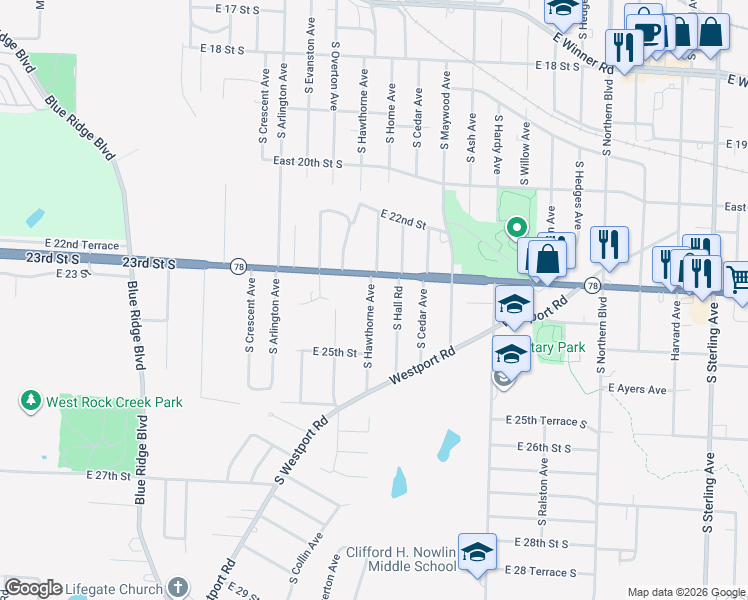 map of restaurants, bars, coffee shops, grocery stores, and more near 2320 South Hawthorne Avenue in Independence