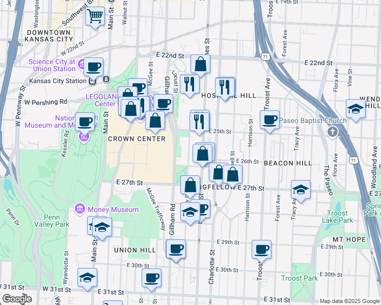 map of restaurants, bars, coffee shops, grocery stores, and more near 2562 Holmes Street in Kansas City