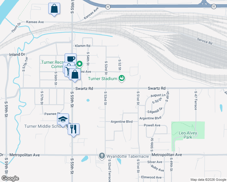 map of restaurants, bars, coffee shops, grocery stores, and more near 1011 South 53rd Street in Kansas City