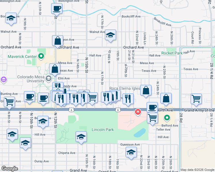 map of restaurants, bars, coffee shops, grocery stores, and more near 1401 North 18th Street in Grand Junction