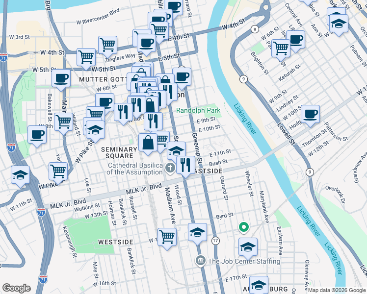 map of restaurants, bars, coffee shops, grocery stores, and more near 1028 Greenup Street in Covington