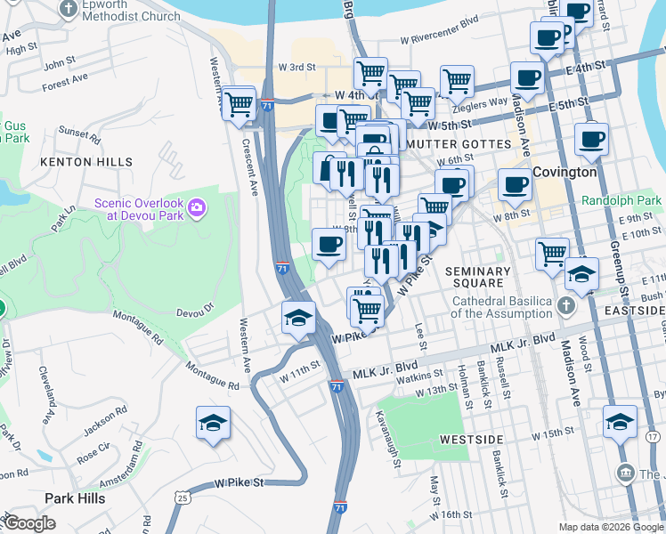 map of restaurants, bars, coffee shops, grocery stores, and more near 507 West 9th Street in Covington