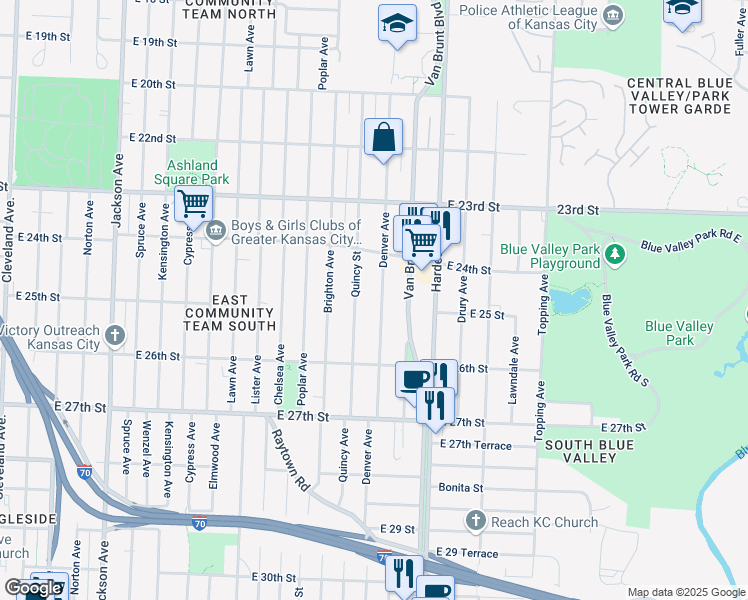 map of restaurants, bars, coffee shops, grocery stores, and more near 2462 Denver Avenue in Kansas City