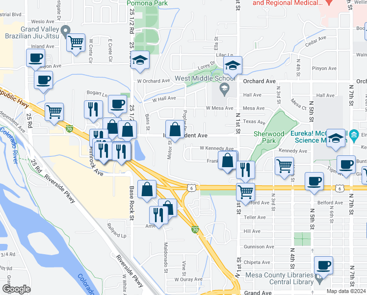map of restaurants, bars, coffee shops, grocery stores, and more near 450 West Kennedy Avenue in Grand Junction