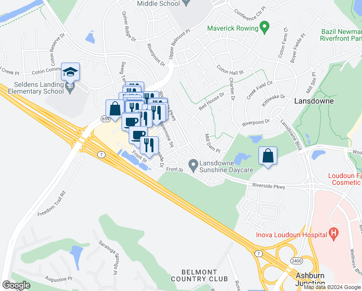 map of restaurants, bars, coffee shops, grocery stores, and more near 43670 Mcdowell Square in Leesburg