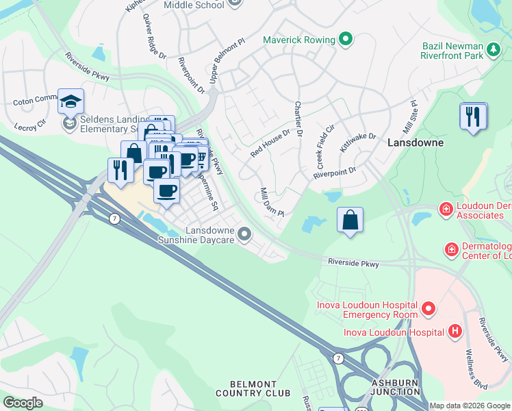 map of restaurants, bars, coffee shops, grocery stores, and more near 19408 Mill Dam Place in Leesburg