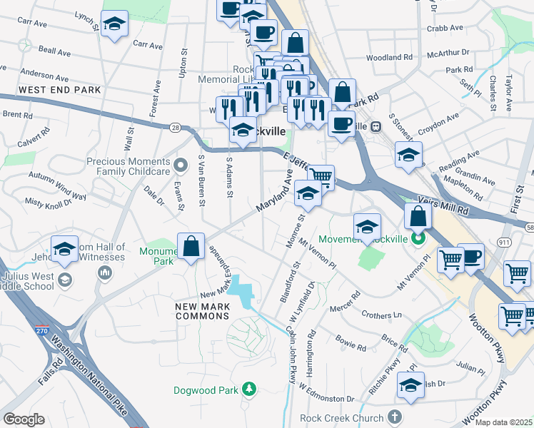 map of restaurants, bars, coffee shops, grocery stores, and more near 200 Lynn Manor Drive in Rockville
