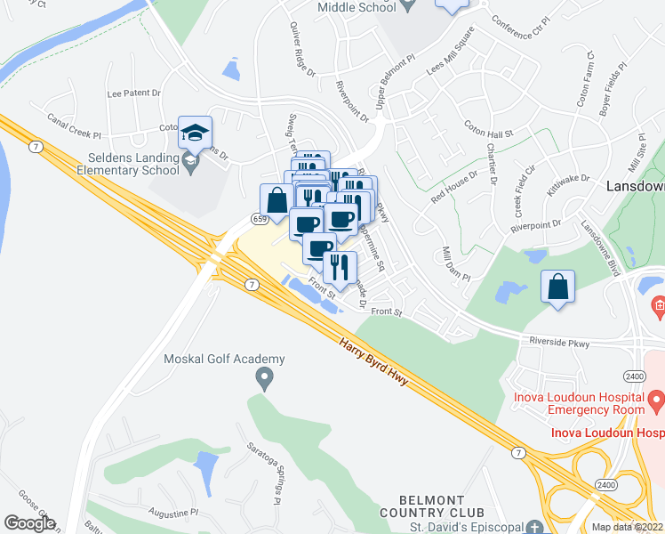 map of restaurants, bars, coffee shops, grocery stores, and more near 19420 Newton Pass Square in Leesburg
