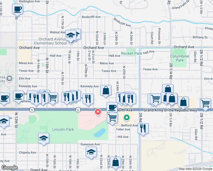 map of restaurants, bars, coffee shops, grocery stores, and more near 1333 North 23rd Street in Grand Junction