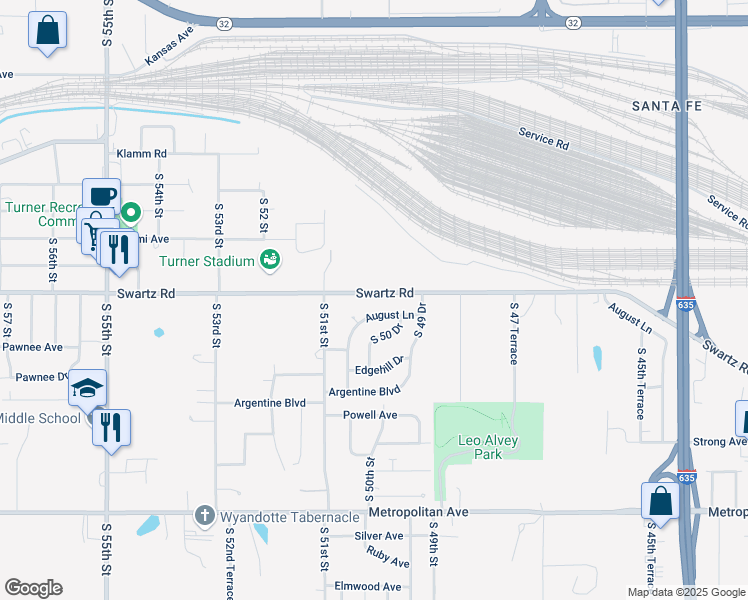 map of restaurants, bars, coffee shops, grocery stores, and more near 4937 August Lane in Kansas City