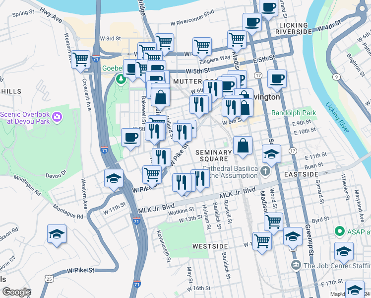 map of restaurants, bars, coffee shops, grocery stores, and more near 274 West Robbins Street in Covington