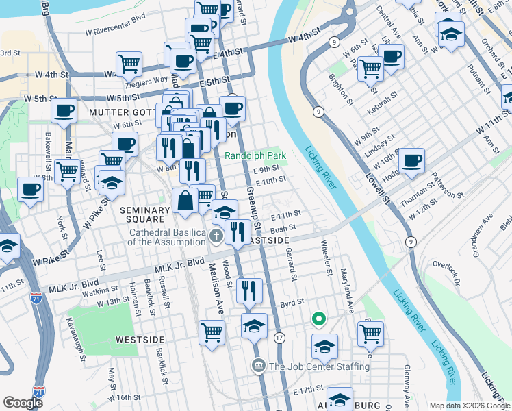 map of restaurants, bars, coffee shops, grocery stores, and more near 1028 Greenup Street in Covington
