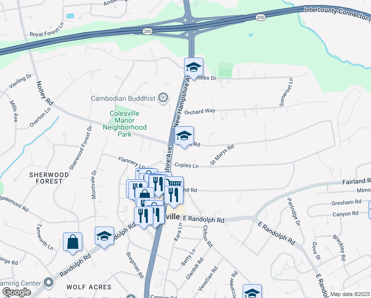 map of restaurants, bars, coffee shops, grocery stores, and more near 509 Notley Road in Silver Spring