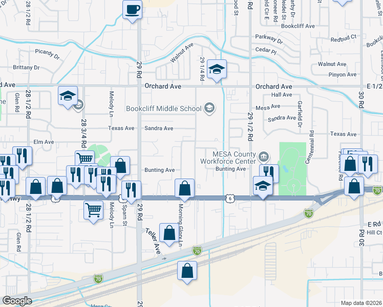 map of restaurants, bars, coffee shops, grocery stores, and more near 516 Morning Glory Lane in Grand Junction