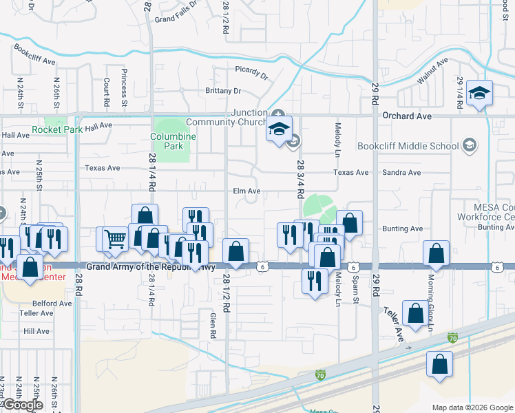 map of restaurants, bars, coffee shops, grocery stores, and more near 2857 1/2 Bunting Avenue in Grand Junction