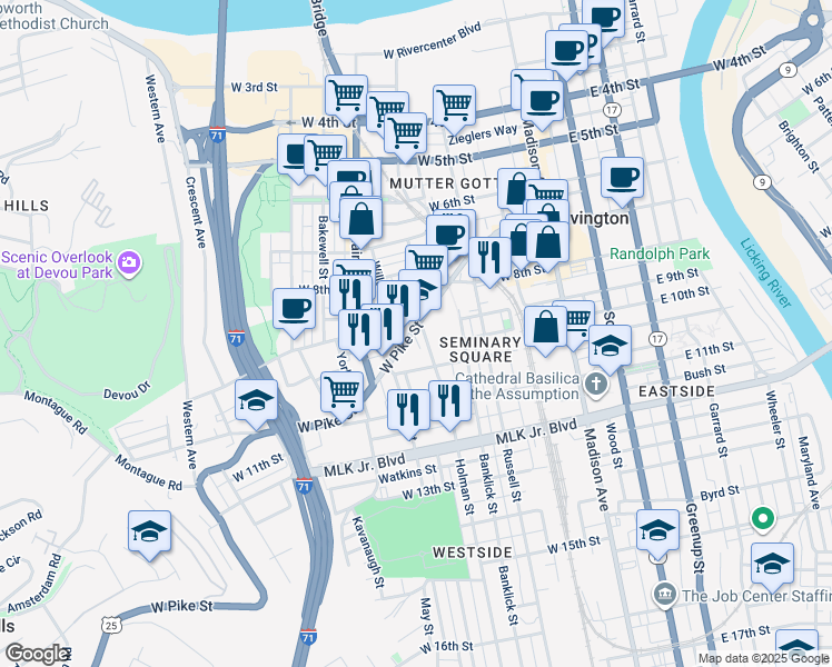 map of restaurants, bars, coffee shops, grocery stores, and more near 274 West Robbins Street in Covington