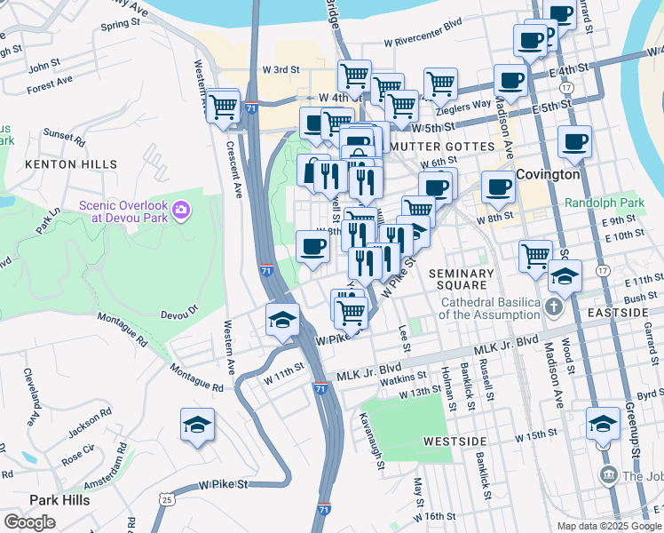 map of restaurants, bars, coffee shops, grocery stores, and more near 507 West 9th Street in Covington