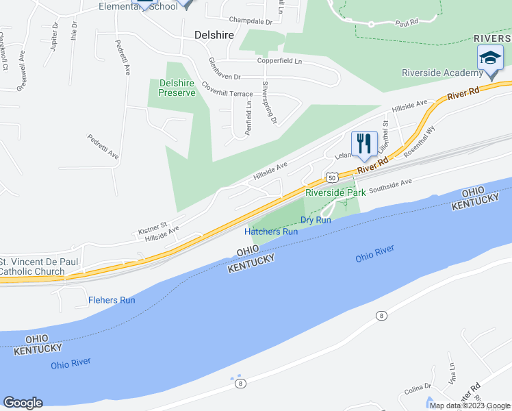 map of restaurants, bars, coffee shops, grocery stores, and more near 3642 Ohio River Scenic Byway in Cincinnati