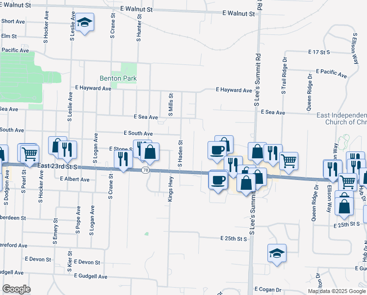 map of restaurants, bars, coffee shops, grocery stores, and more near 1114 South Woodbury Street in Independence