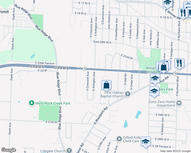 map of restaurants, bars, coffee shops, grocery stores, and more near 9701 East 24th Street South in Independence