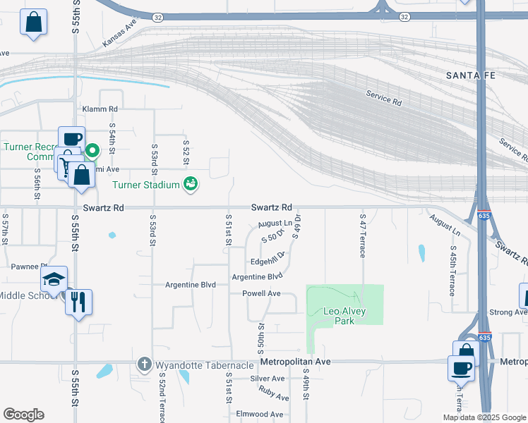 map of restaurants, bars, coffee shops, grocery stores, and more near 4937 August Lane in Kansas City