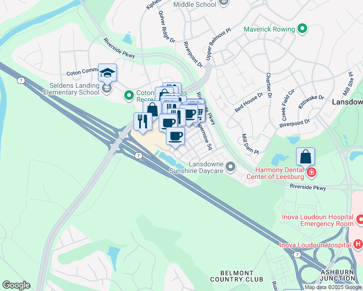 map of restaurants, bars, coffee shops, grocery stores, and more near 19420 Newton Pass Square in Leesburg