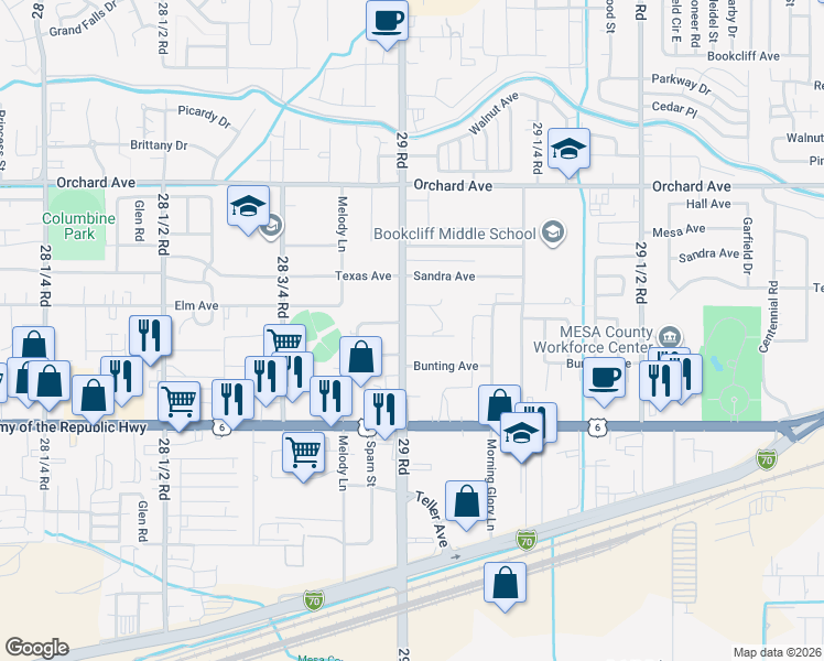 map of restaurants, bars, coffee shops, grocery stores, and more near 2904 Bunting Avenue in Grand Junction