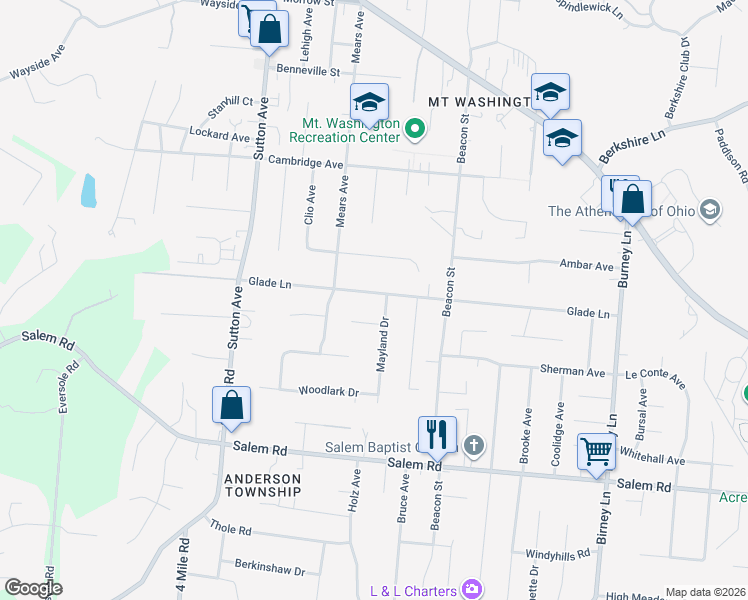 map of restaurants, bars, coffee shops, grocery stores, and more near 1433 Mayland Drive in Cincinnati