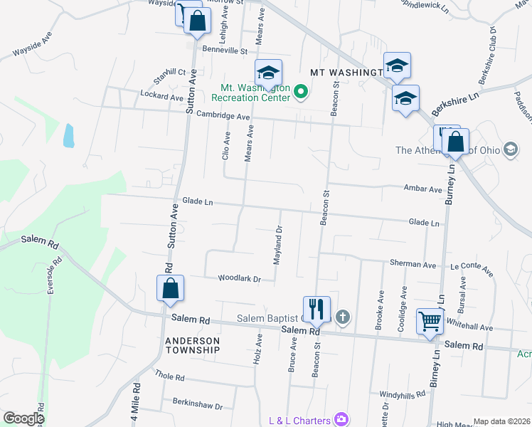 map of restaurants, bars, coffee shops, grocery stores, and more near 1433 Mayland Drive in Cincinnati