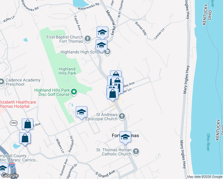 map of restaurants, bars, coffee shops, grocery stores, and more near 2426 North Fort Thomas Avenue in Fort Thomas