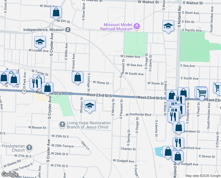 map of restaurants, bars, coffee shops, grocery stores, and more near 609 Missouri 78 in Independence