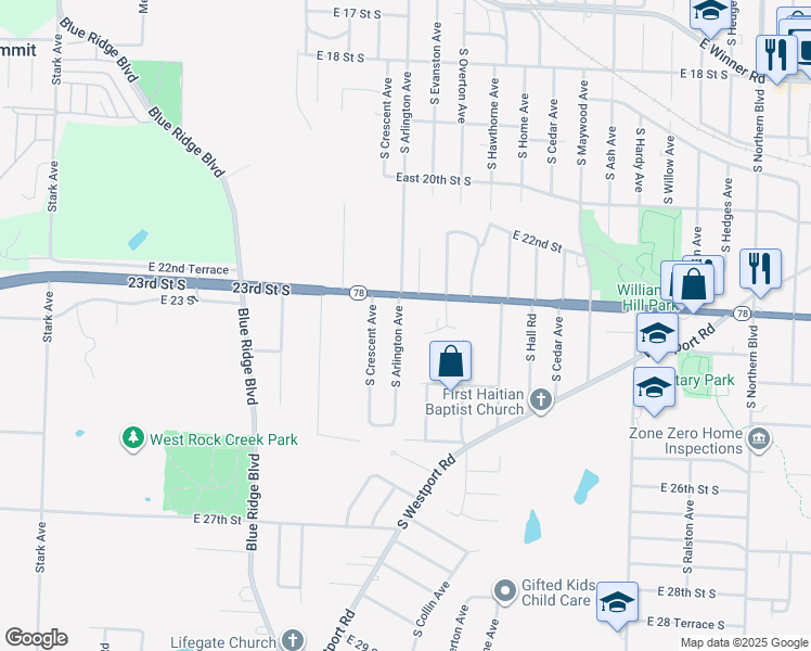 map of restaurants, bars, coffee shops, grocery stores, and more near 9701 East 24th Street South in Independence