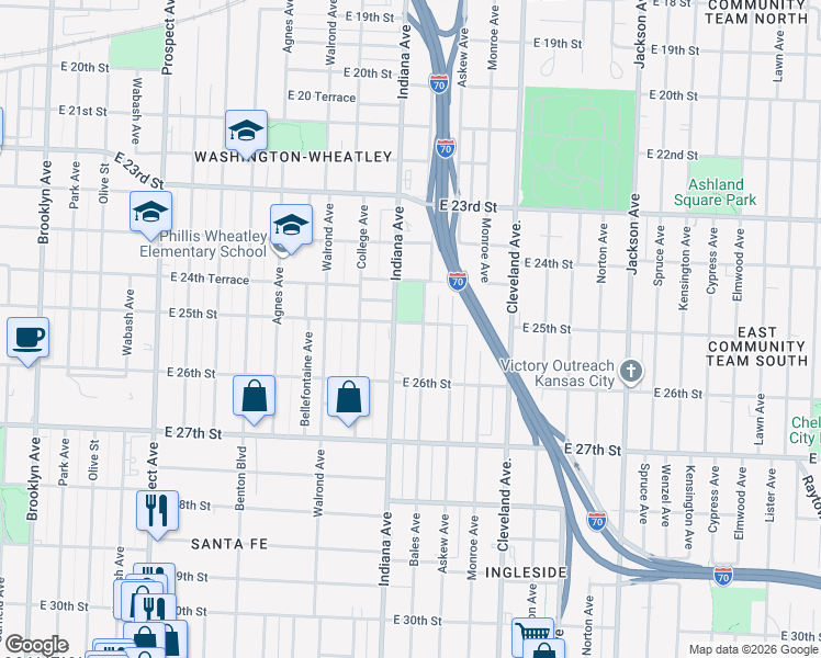 map of restaurants, bars, coffee shops, grocery stores, and more near 2527 Bales Avenue in Kansas City