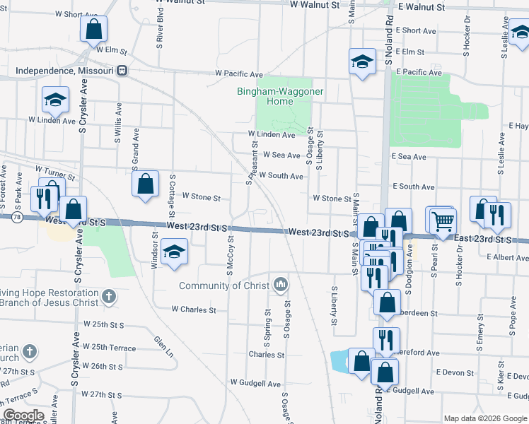 map of restaurants, bars, coffee shops, grocery stores, and more near 1117 South Pleasant Street in Independence