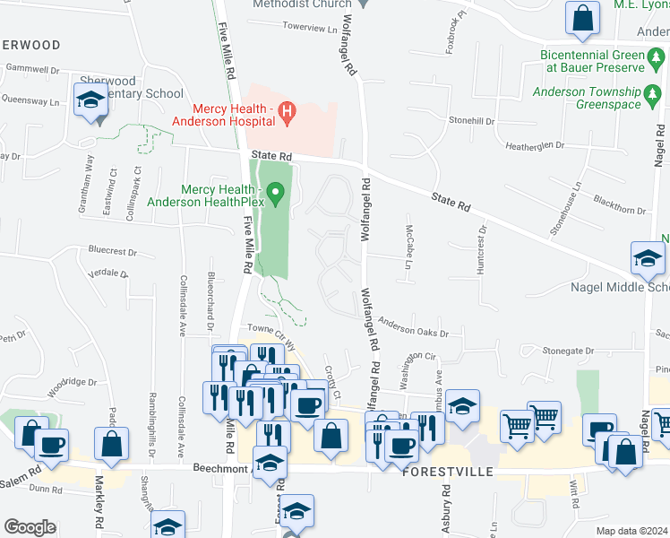 map of restaurants, bars, coffee shops, grocery stores, and more near 1566 Cohasset Drive in Cincinnati
