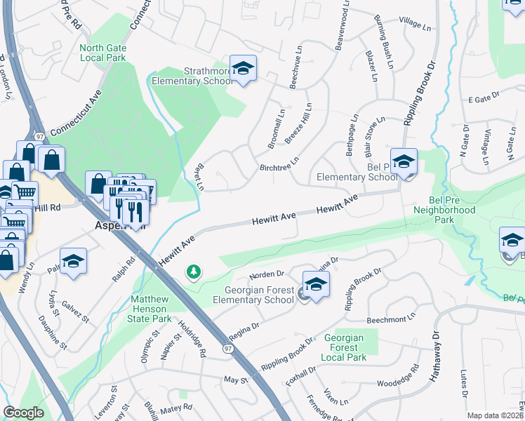 map of restaurants, bars, coffee shops, grocery stores, and more near 3115 Hewitt Avenue in Silver Spring