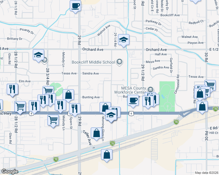 map of restaurants, bars, coffee shops, grocery stores, and more near 516 Morning Glory Lane in Grand Junction