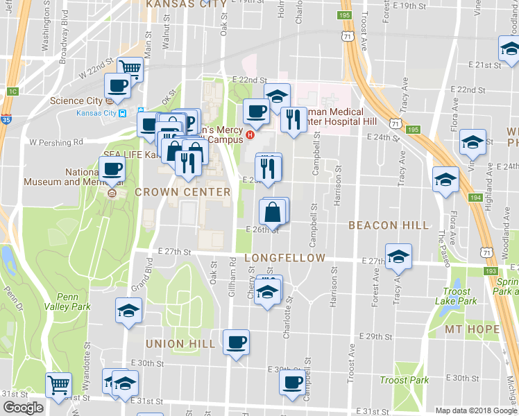 map of restaurants, bars, coffee shops, grocery stores, and more near 2535 Cherry Street in Kansas City