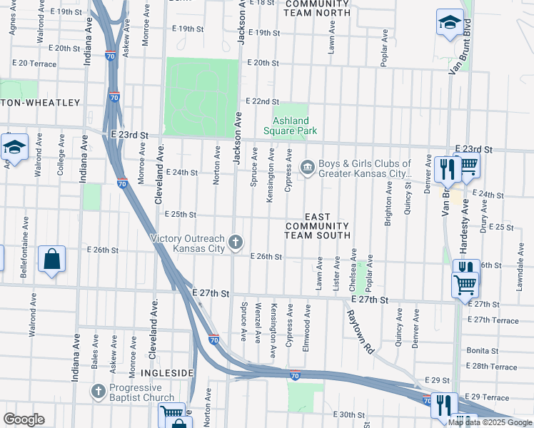 map of restaurants, bars, coffee shops, grocery stores, and more near 4316 East 25th Street in Kansas City