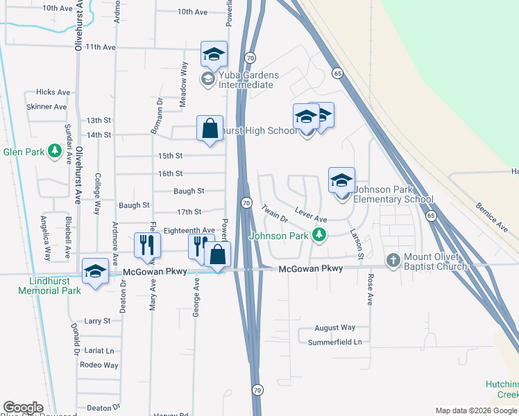 map of restaurants, bars, coffee shops, grocery stores, and more near 4377 Twain Drive in Olivehurst