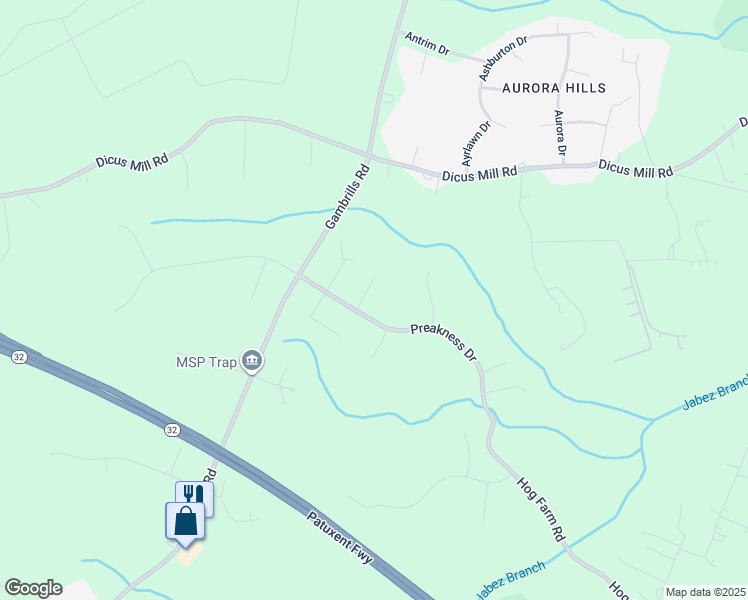 map of restaurants, bars, coffee shops, grocery stores, and more near 1680 Preakness Drive in Gambrills