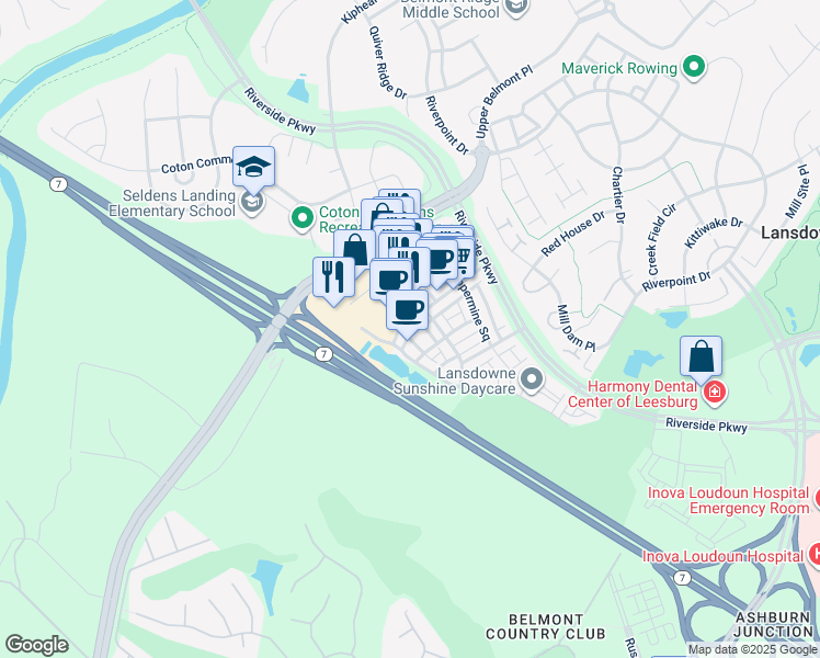 map of restaurants, bars, coffee shops, grocery stores, and more near 19428 Diamond Lake Drive in Leesburg
