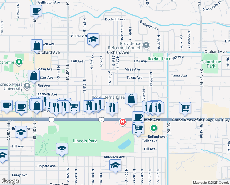 map of restaurants, bars, coffee shops, grocery stores, and more near 2100 Kennedy Avenue in Grand Junction
