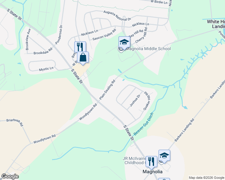 map of restaurants, bars, coffee shops, grocery stores, and more near 200 Plain Dealing Road in Magnolia