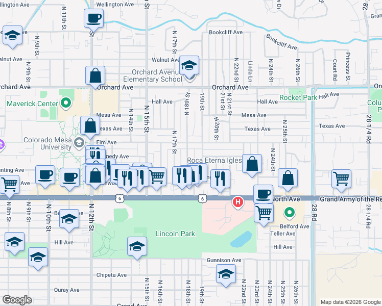 map of restaurants, bars, coffee shops, grocery stores, and more near 1410 North 18th Street in Grand Junction